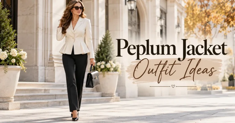 Peplum Jacket Outfit Ideas featuring a woman in a cream peplum jacket, black tailored trousers, pointed heels, and a structured handbag.