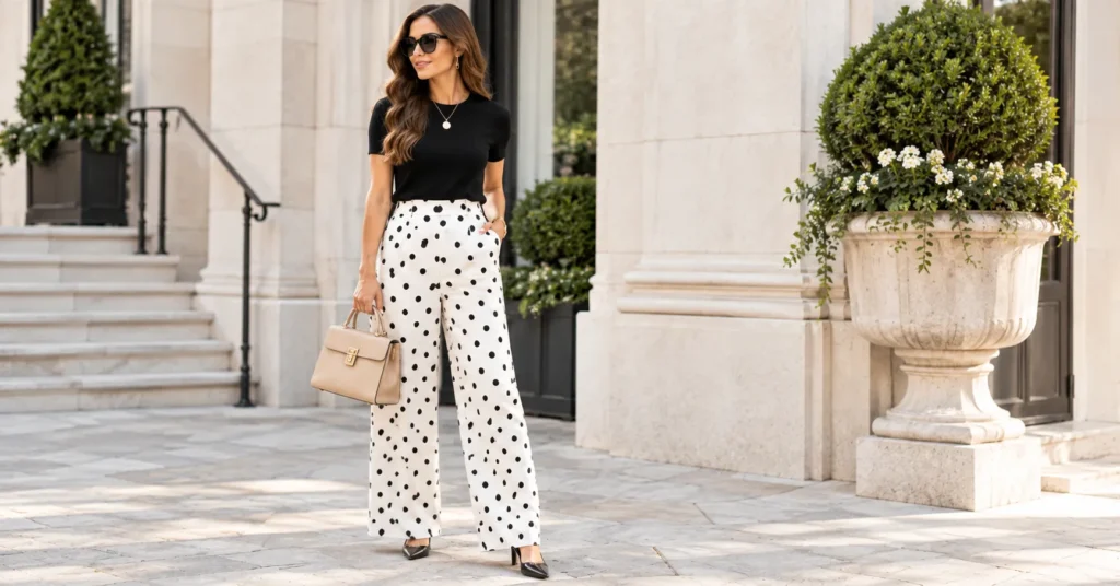 Polka Dot Pants Outfit Ideas with classic black and white spotted trousers and a fitted black top
