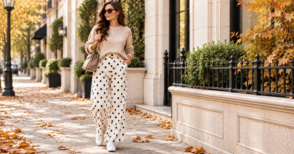 Polka Dot Pants Outfit Ideas with an oversized cozy sweater and white sneakers