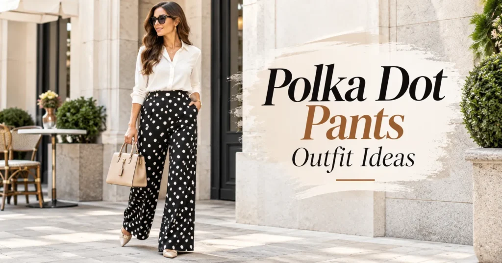 Polka Dot Pants Outfit Ideas featuring stylish black and white polka dot trousers with an elegant ivory blouse