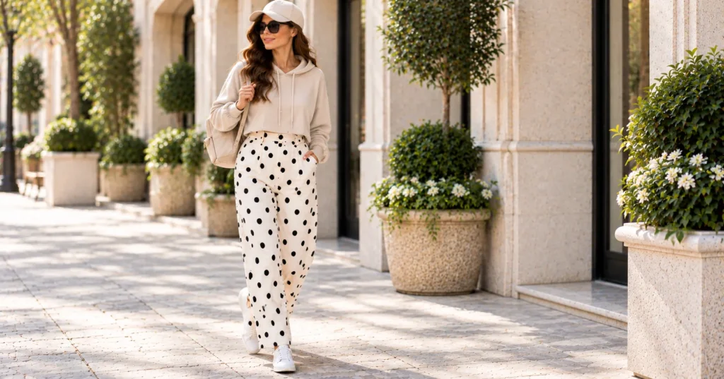 Polka Dot Pants Outfit Ideas with a casual hoodie, sneakers, and modern athleisure accessories