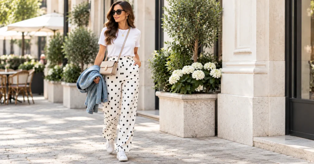 Polka Dot Pants Outfit Ideas styled casually with a white T-shirt, sneakers, and denim jacket