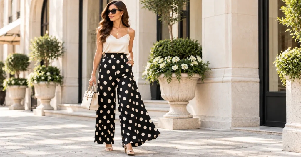 Polka Dot Pants Outfit Ideas featuring elegant wide-leg trousers, silk camisole, and heels