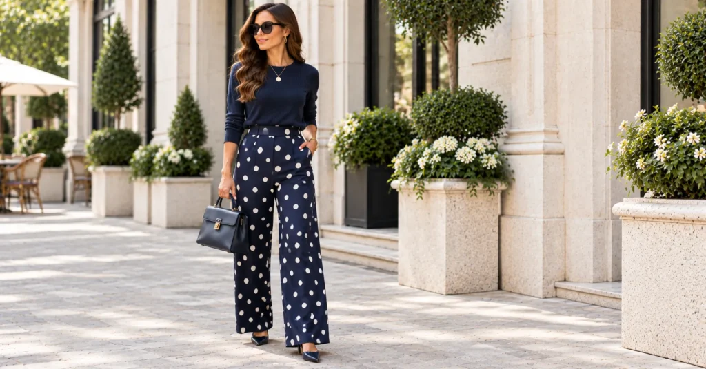 Polka Dot Pants Outfit Ideas with navy polka dot trousers styled in a sophisticated monochrome look