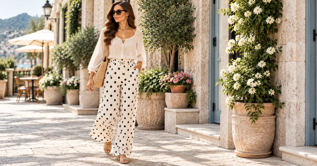 Polka Dot Pants Outfit Ideas with flowing boho layers, a cream blouse, and woven accessories