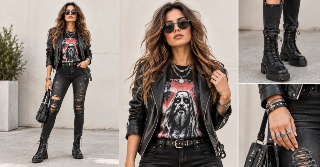 Rob Zombie concert outfit with a classic rock band tee, ripped jeans, leather jacket, and combat boots