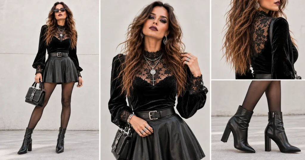 Rob Zombie concert outfit with velvet, lace, opaque tights, heeled boots, and gothic accessories