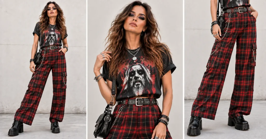 Rob Zombie concert outfit with red plaid pants, graphic rock tee, combat boots, and chains