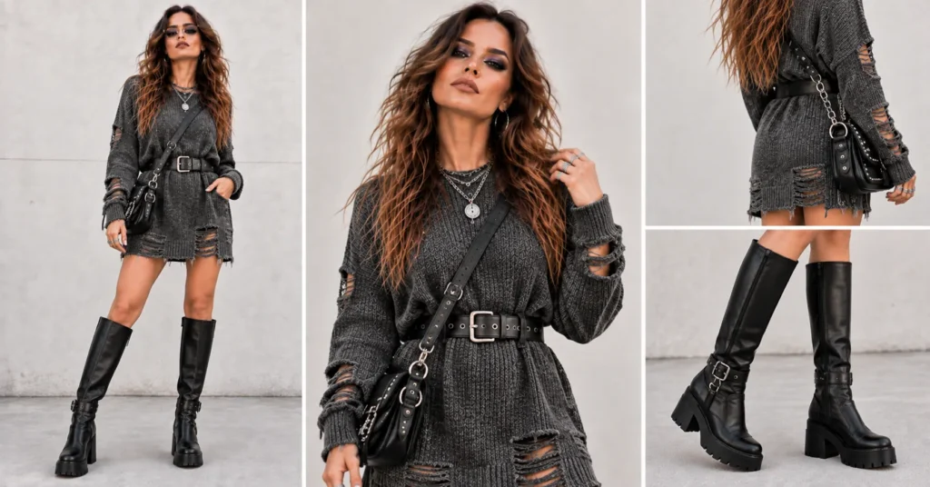 Rob Zombie concert outfit with a distressed sweater dress, knee-high boots, and gothic accessories