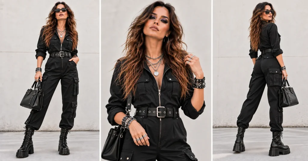 Rob Zombie concert outfit featuring a black utility jumpsuit, combat boots, belt, and silver jewelry