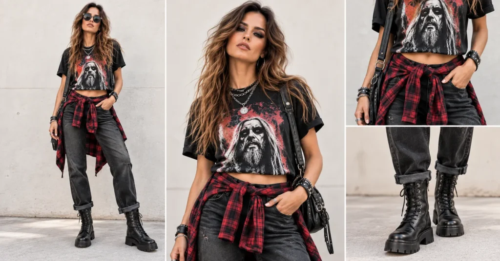 Rob Zombie concert outfit with a cropped band tee, plaid flannel, black jeans, and combat boots