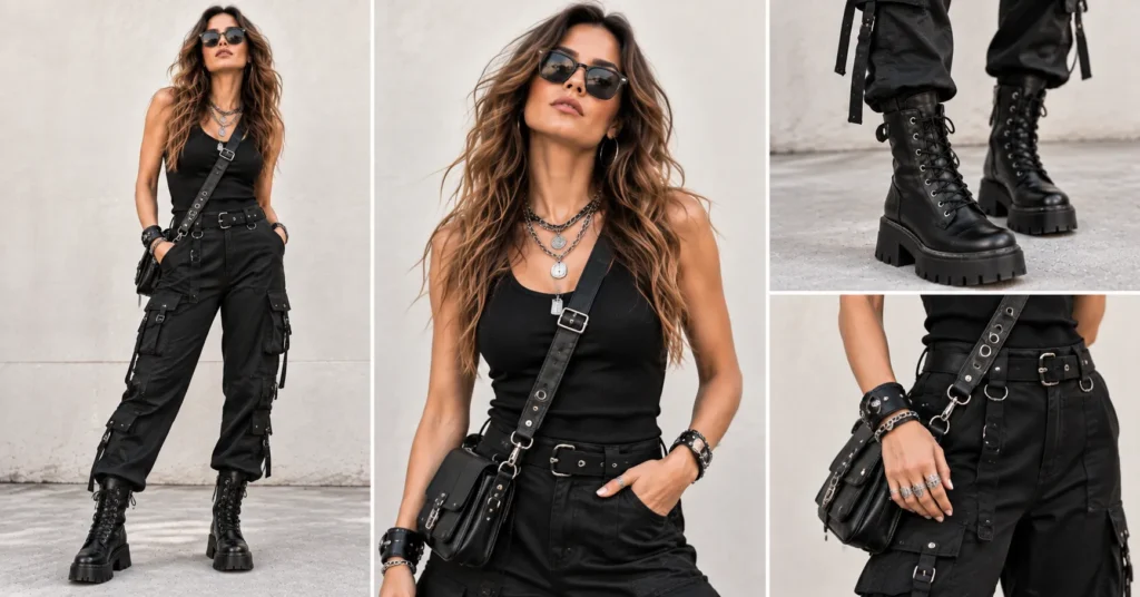 Rob Zombie concert outfit featuring an all-black tank top, cargo pants, combat boots, and silver chains