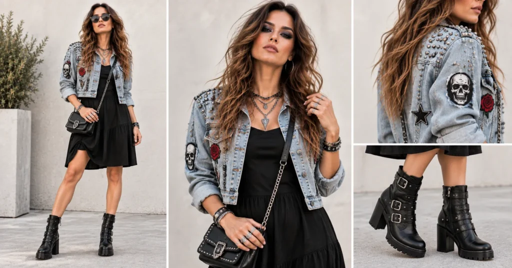 Rob Zombie concert outfit with a black dress, studded denim jacket, and ankle boots