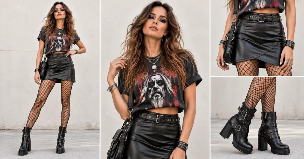 Rob Zombie concert outfit with a graphic crop top, leather skirt, tights, and ankle boots