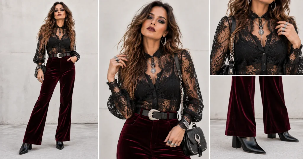 Rob Zombie concert outfit with gothic lace, burgundy velvet pants, boots, and dramatic makeup
