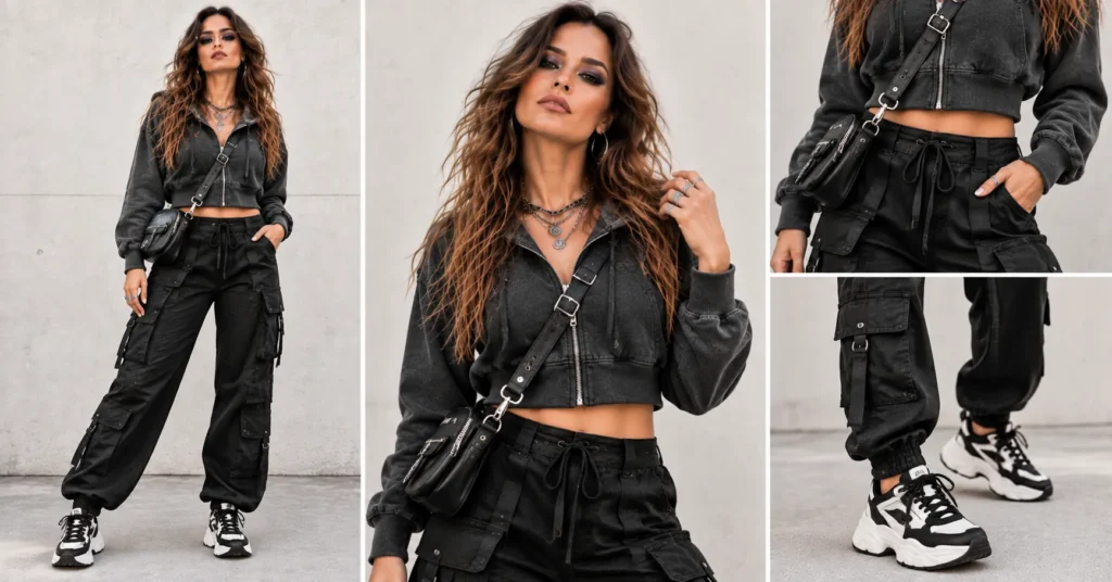 Rob Zombie concert outfit with utility cargo pants, cropped hoodie, sneakers, and layered chains