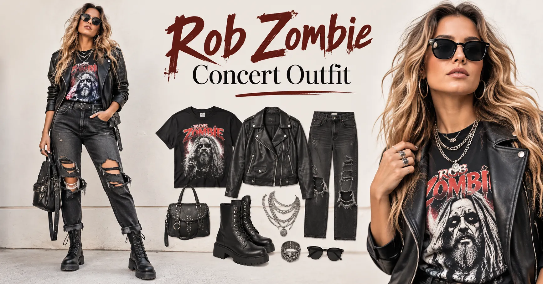 Rob Zombie concert outfit featuring a vintage rock tee, ripped black jeans, combat boots, and leather jacket