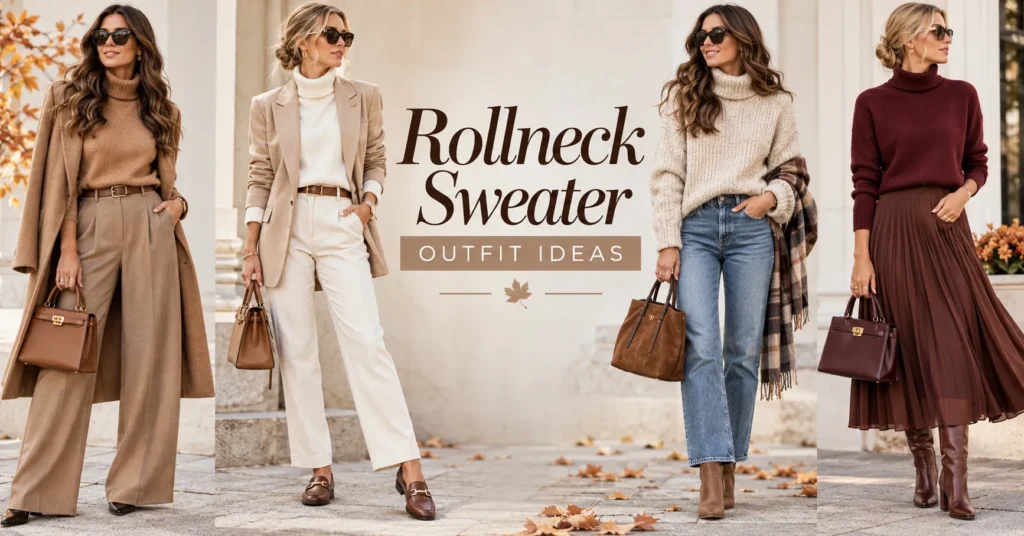 12 Effortless Rollneck Sweater Outfit Ideas for a Chic Fall Look 1 Rollneck Sweater Outfit Ideas featuring four chic fall looks with tailored trousers, blazers, denim, and midi skirts.