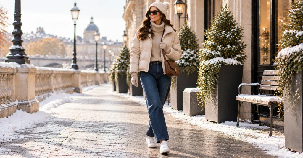 Rollneck Sweater Outfit Ideas featuring a chunky oatmeal rollneck, beige puffer jacket, straight-leg denim, and trainers.