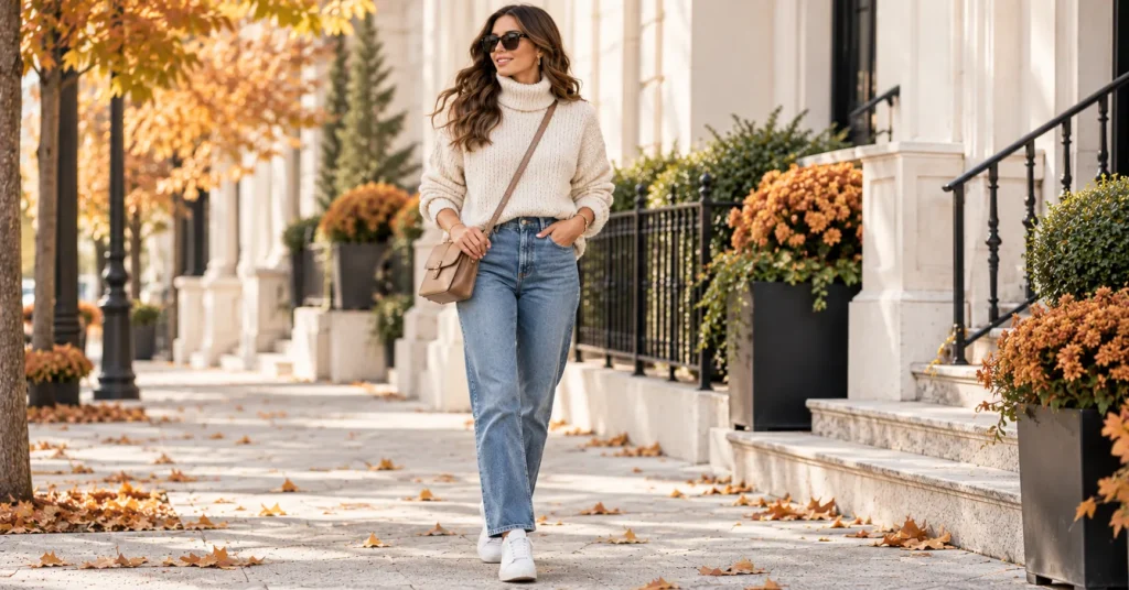 Rollneck Sweater Outfit Ideas featuring a chunky cream sweater, straight-leg jeans, white sneakers, and a crossbody bag.