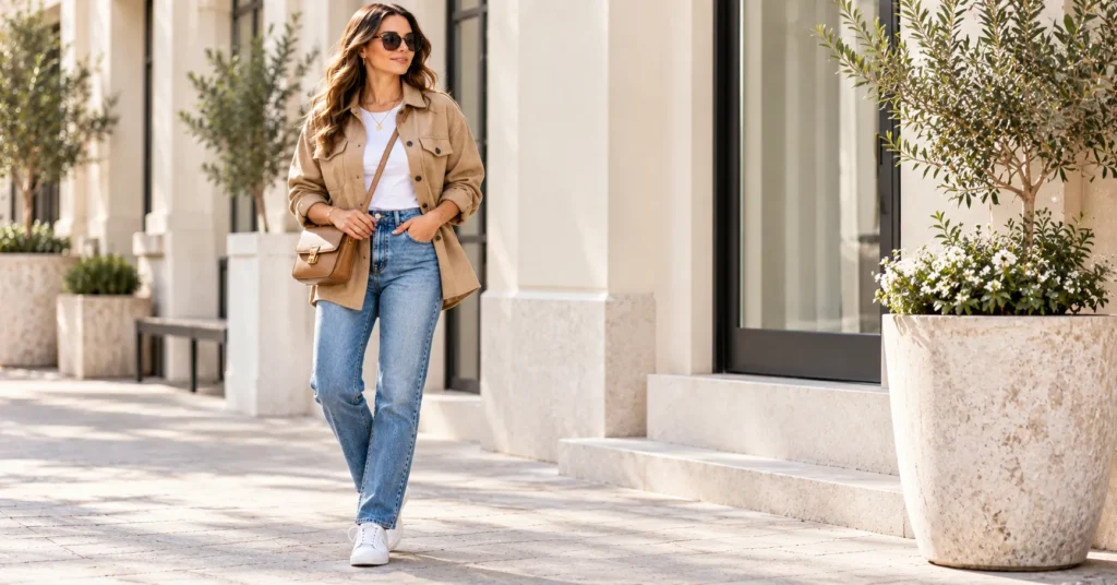 Effortless Shacket Outfits: 14 Chic Ways to Style the Shirt Jacket 3 Shacket Outfits with a camel shacket, white tee, straight-leg jeans, and white sneakers