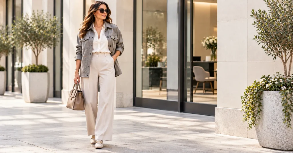 Effortless Shacket Outfits: 14 Chic Ways to Style the Shirt Jacket 5 Shacket Outfits featuring a gray shacket, silk blouse, tailored trousers, and loafers