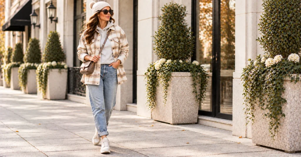 Effortless Shacket Outfits: 14 Chic Ways to Style the Shirt Jacket 11 Shacket Outfits with a plaid shacket, gray hoodie, mom jeans, beanie, and chunky sneakers