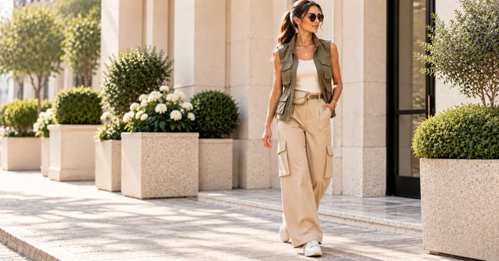 12 Effortless Utility Vest Outfit Ideas for a Chic and Modern Look 6 Utility Vest Outfit Ideas featuring a sage cargo vest, ivory fitted top, wide-leg cargo trousers, chunky sneakers, and belt bag.