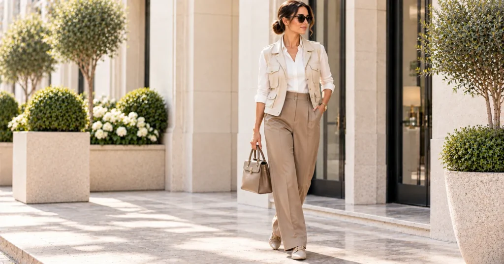 12 Effortless Utility Vest Outfit Ideas for a Chic and Modern Look 9 Utility Vest Outfit Ideas featuring a refined cream utility vest, white shirt, tailored trousers, pointed loafers, and structured handbag.