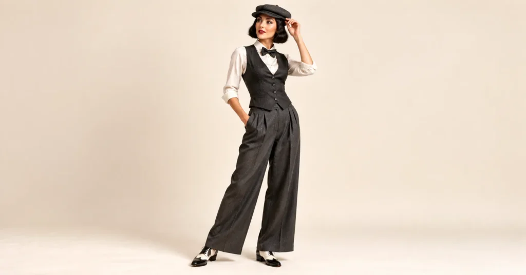 The Complete Guide to Flapper Halloween Costumes: 10 Dazzling 1920s Looks 11 Garçonne flapper Halloween costume with tailored trousers, a vest, bow tie, and newsboy cap.