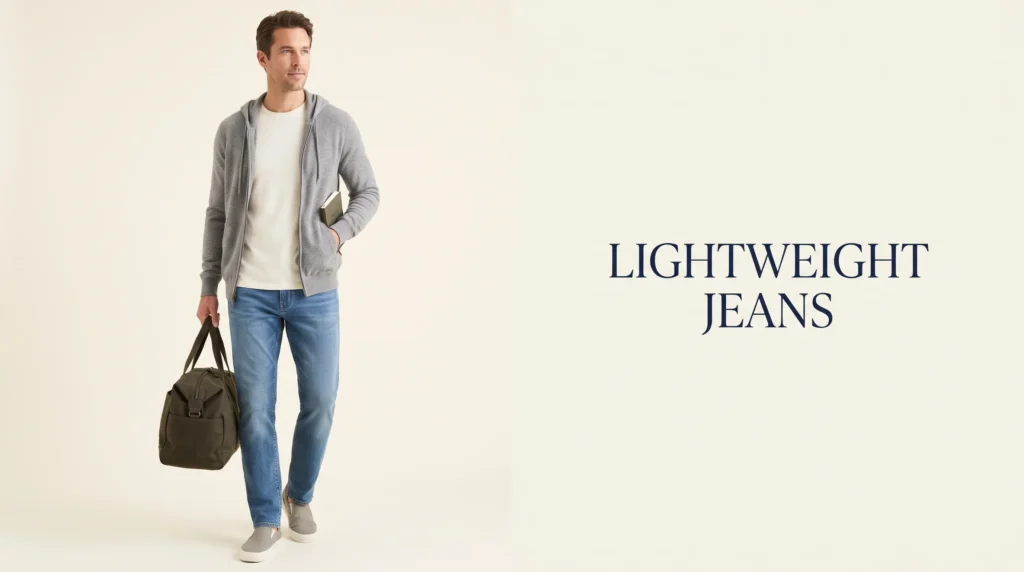 Comfortable travel outfit featuring flexible 4 way stretch lightweight jeans.