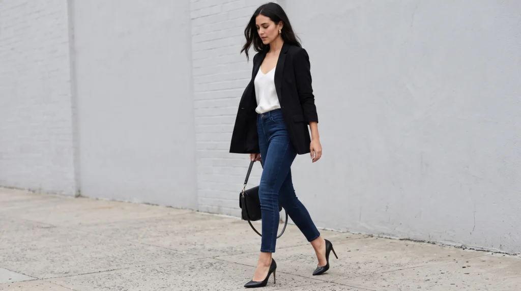 High Heels With Jeans: 10 Outfit Ideas for Every Occasion 3 A chic office outfit featuring dark wash skinny jeans