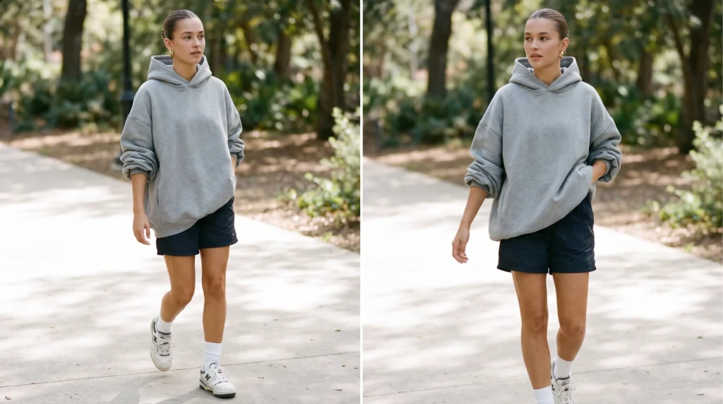 10 Adam Sandler Outfit Ideas for Women: Comfy, Oversized, and Effortlessly Cool 4 A comfy Adam Sandler outfit for women featuring an oversized hoodie and baggy basketball shorts with crew socks.