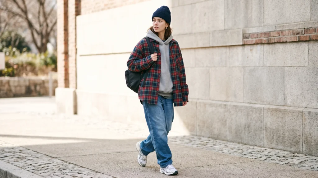 10 Adam Sandler Outfit Ideas for Women: Comfy, Oversized, and Effortlessly Cool 10 A cozy winter Adam Sandler outfit for women with an oversized flannel shirt, baggy jeans, and a beanie.