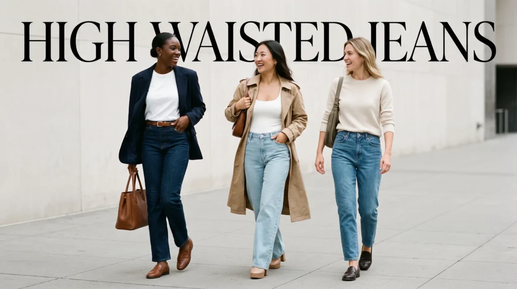 A group of women wearing stylish high waisted jeans outfits walking together on a city sidewalk.