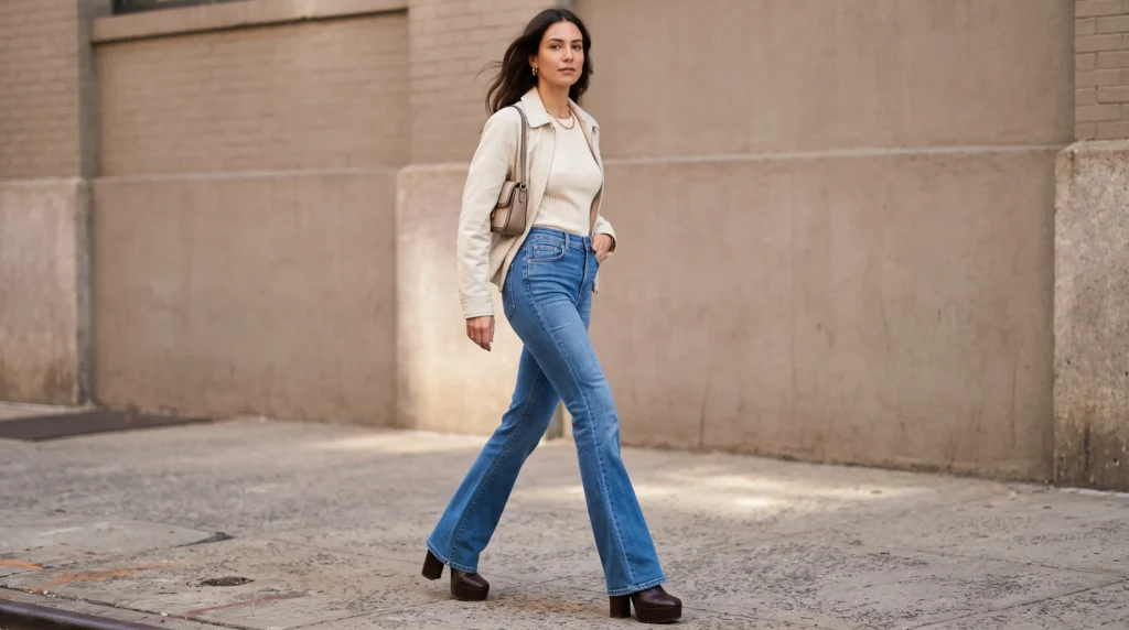 High Heels With Jeans: 10 Outfit Ideas for Every Occasion 6 A stylish 1970s inspired look with high waisted flared jeans and platform heels on a city sidewalk.