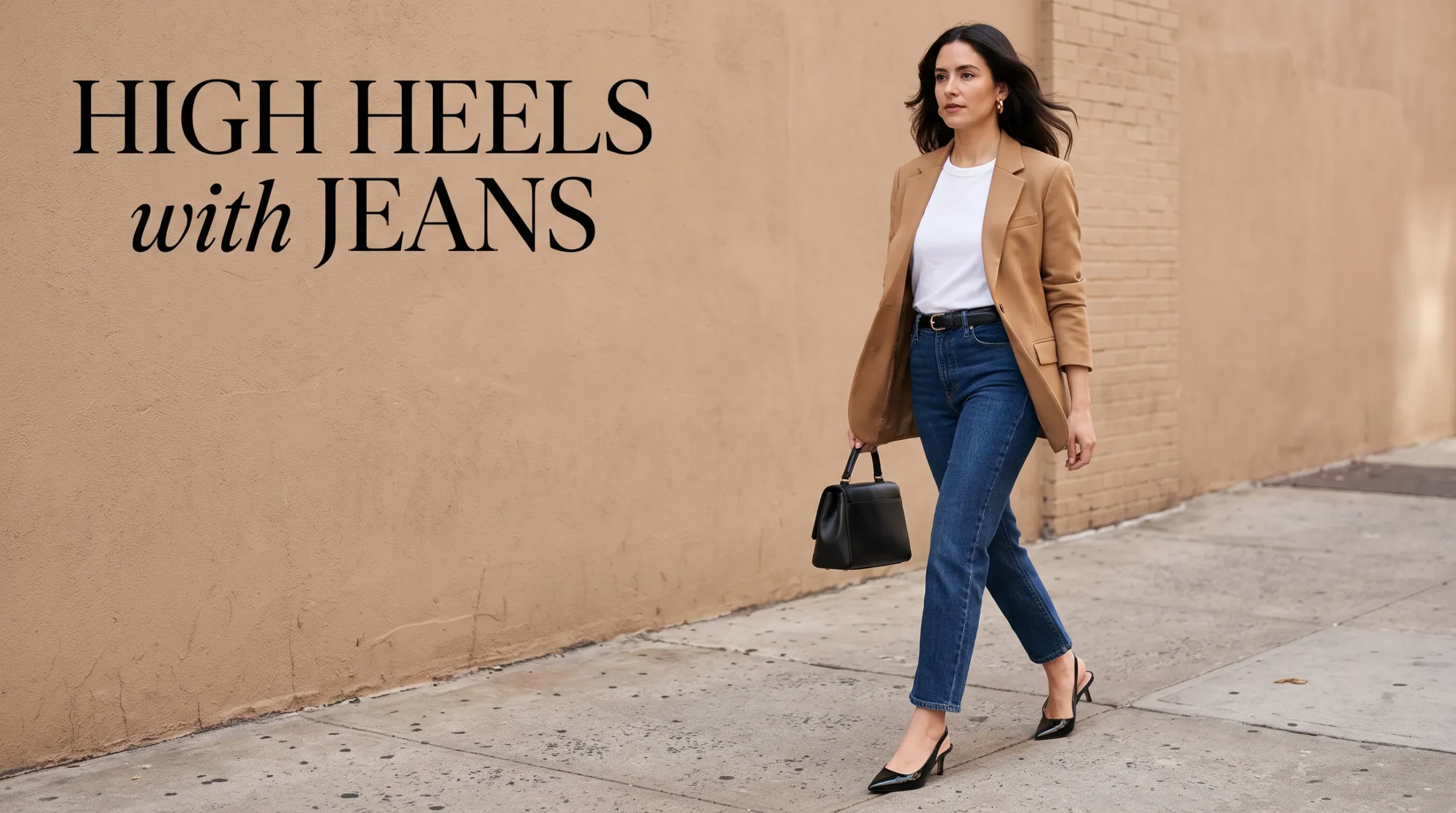 A woman confidently walking down from High Heels with Jeans