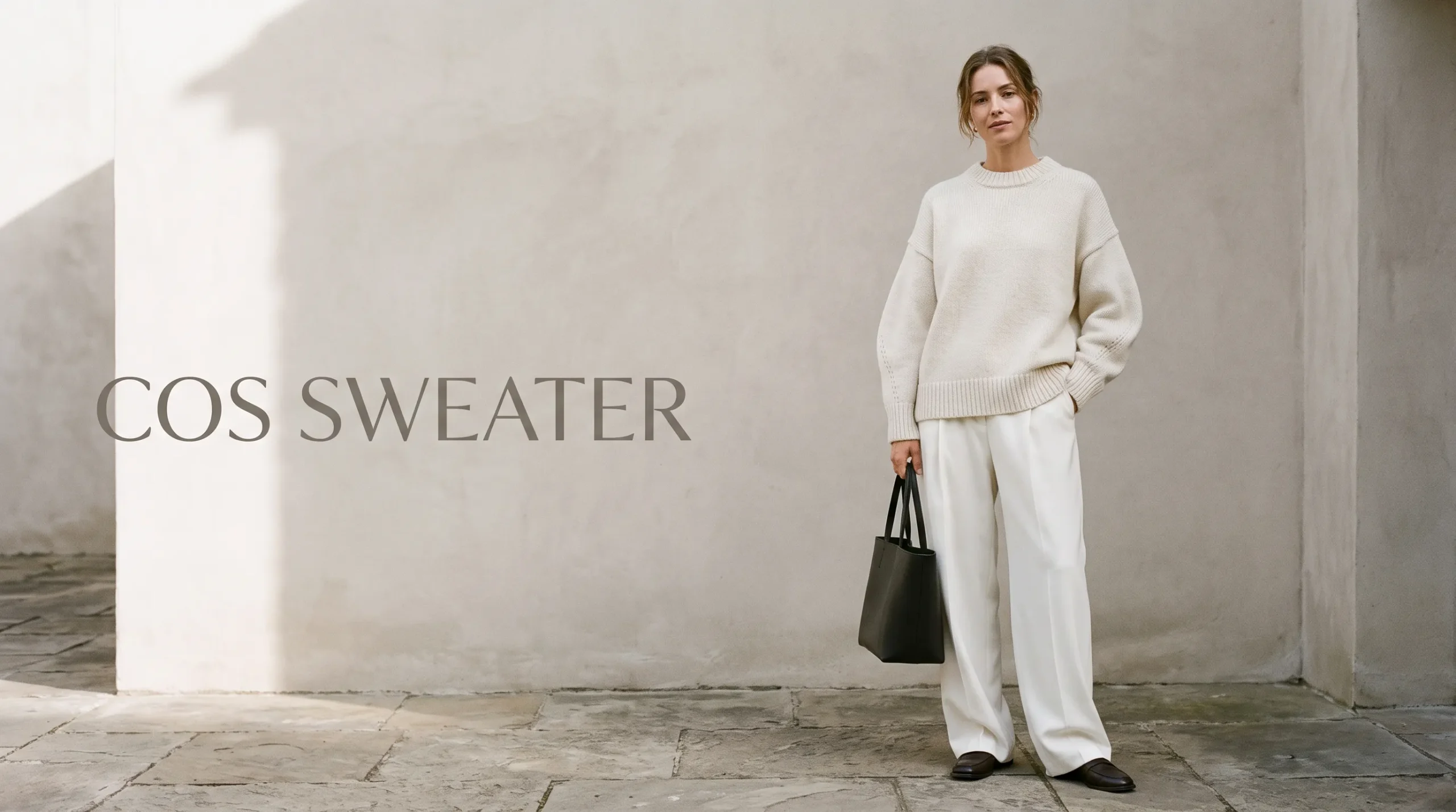 A woman styling a cream COS sweater with wide-leg trousers in natural daylight, representing minimalist knitwear outfits.