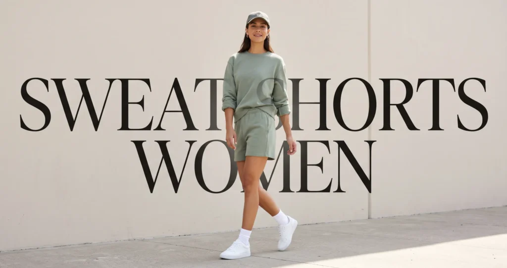 Styling a sage green matching sweat shorts women set with a sweatshirt and white sneakers for a trendy everyday look.