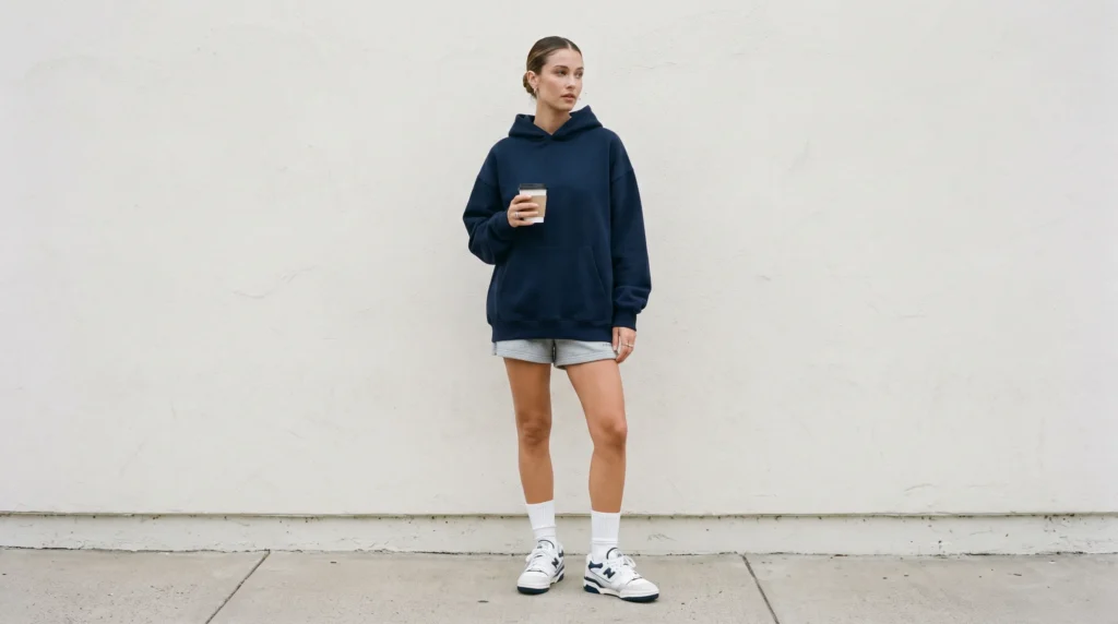 A woman styling an oversized navy hoodie with short gray sweat shorts and retro sneakers on a casual morning.