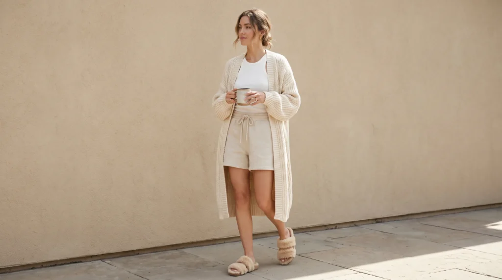 A woman styling oatmeal sweat shorts with a long cream cardigan and shearling slides.