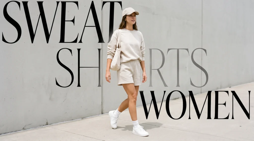 A woman wearing a matching oatmeal sweat shorts and sweatshirt set with sneakers while walking outside.