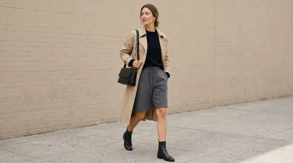 A woman wearing charcoal sweat shorts with a beige trench coat and black ankle boots in cool weather.