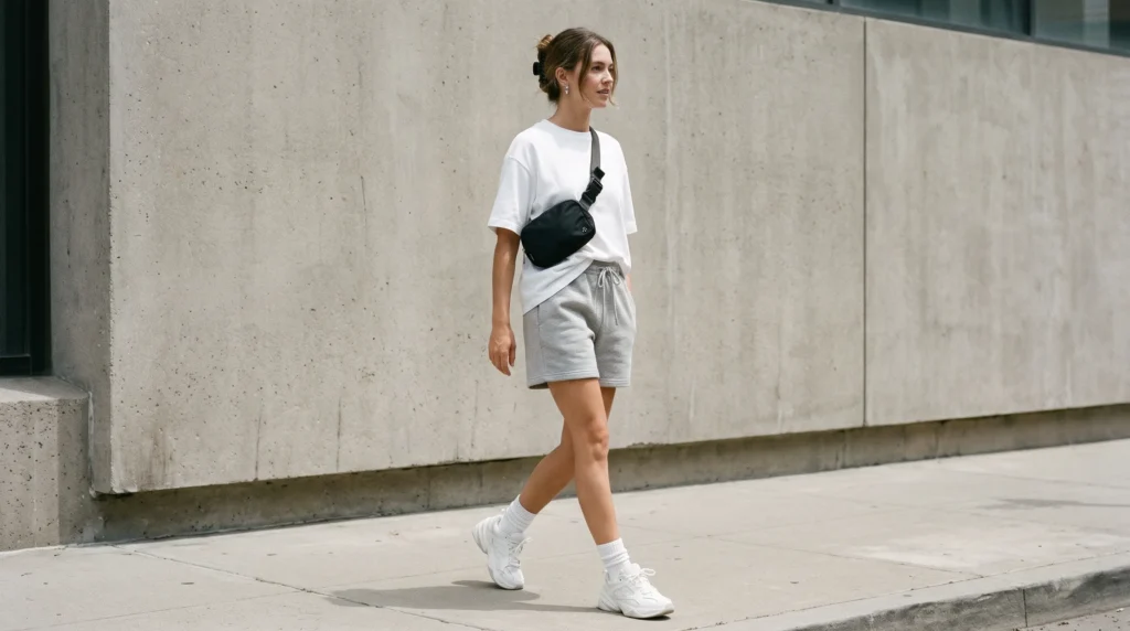 A woman wearing classic gray sweat shorts with a boxy white tee and chunky dad sneakers.