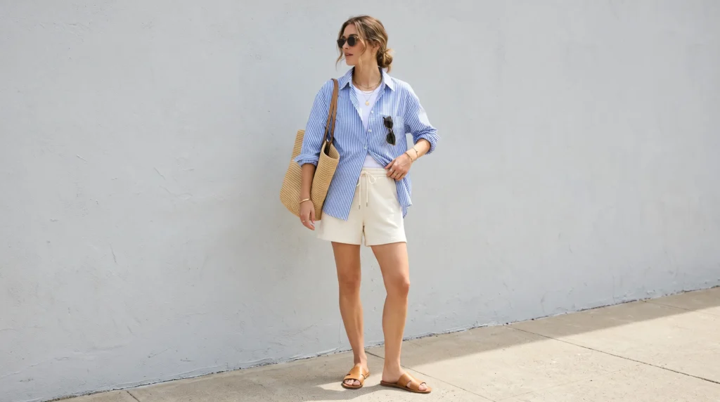 A woman wearing cream sweat shorts with an oversized striped button down shirt and leather sandals.