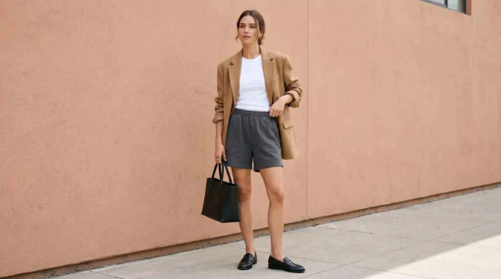 A woman wearing dark sweat shorts with an oversized camel blazer and loafers for a casual office look.
