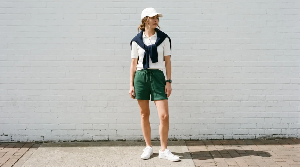 A woman wearing forest green sweat shorts with a white polo and sneakers for a sporty-prep outfit.