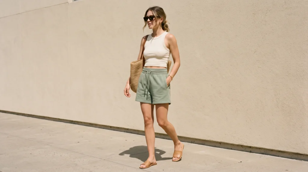 A woman wearing high waisted sage green sweat shorts with a cream crop tank and slide sandals for summer.