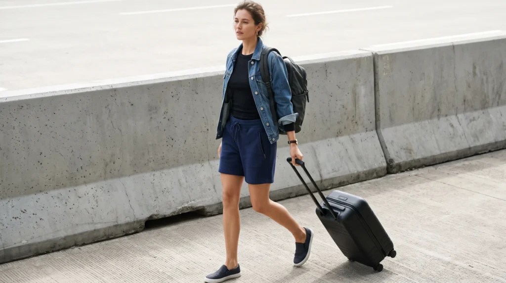 A woman wearing navy sweat shorts with a denim jacket and slip-on sneakers while traveling with a suitcase.