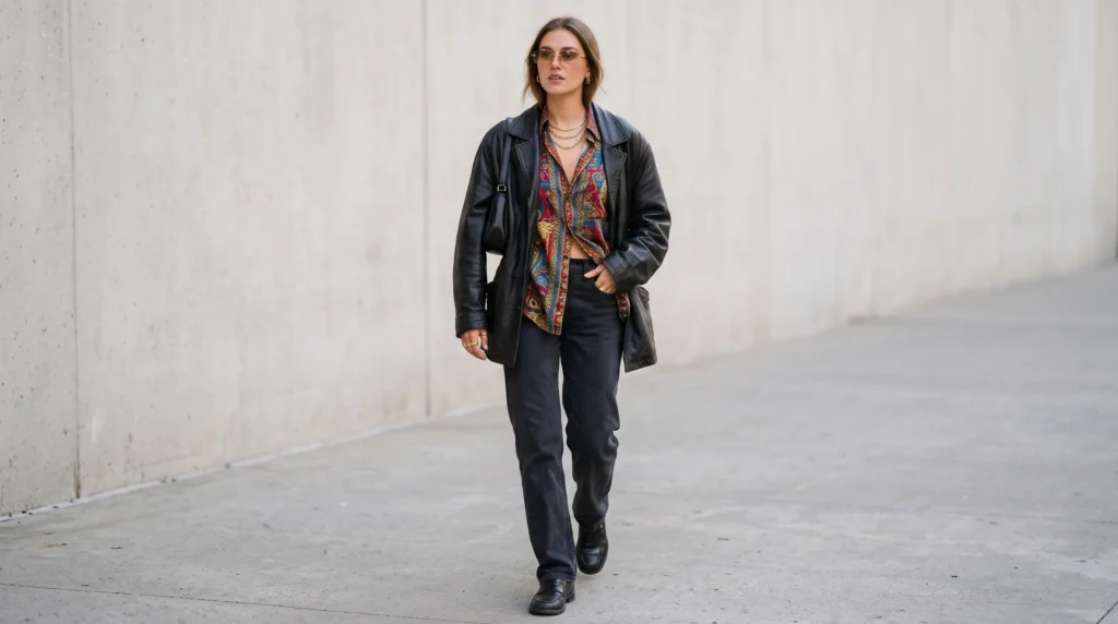 10 Adam Sandler Outfit Ideas for Women: Comfy, Oversized, and Effortlessly Cool 7 A bold Adam Sandler Uncut Gems style outfit for women with a leather jacket, printed shirt, and gold jewelry.